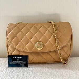 Authentic CHANEL Vintage Beige Quilted Lambskin Half Moon Flap Bag